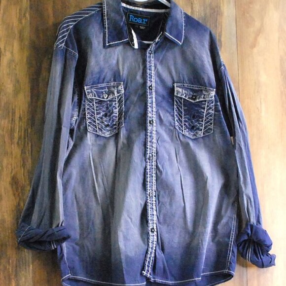Roar Signature Button Down Embroidered Shirt Blue Men's XL - Picture 1 of 4